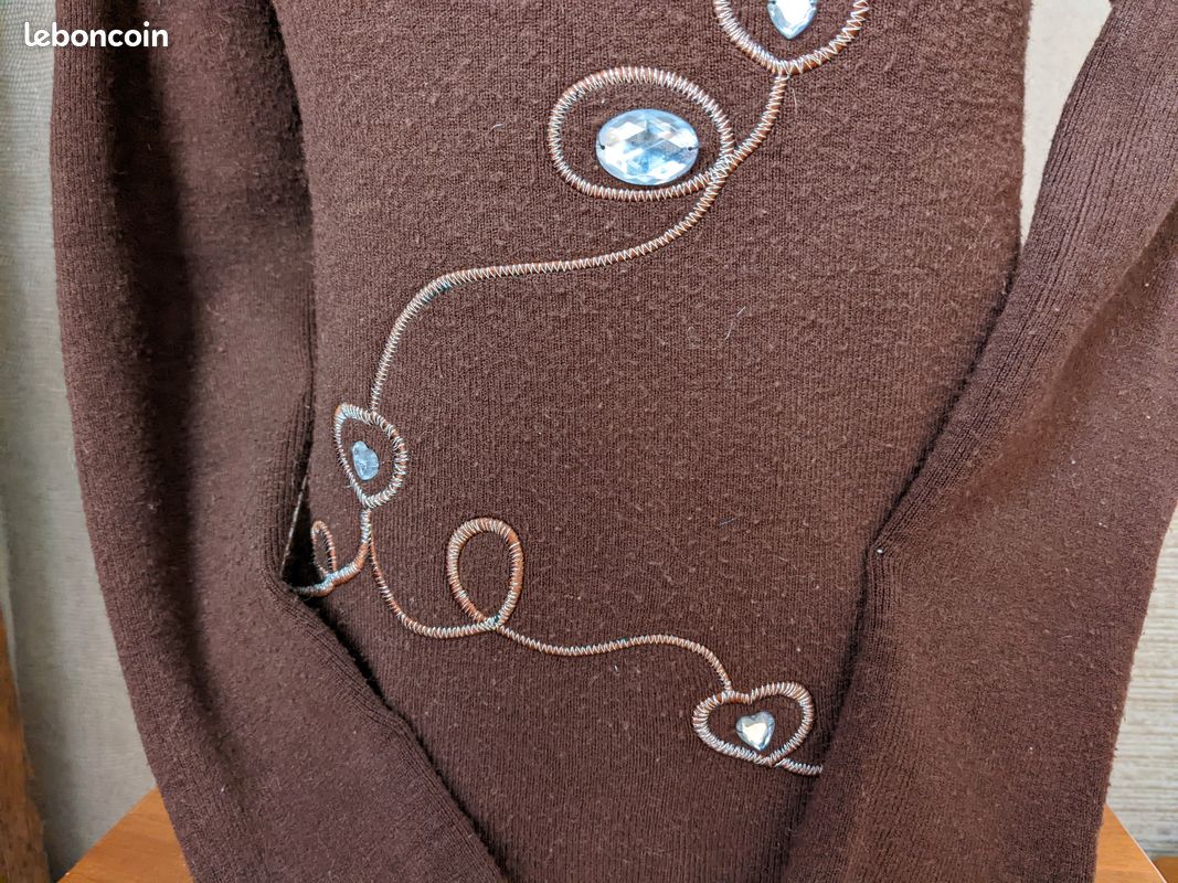 Pull laine marron col roulé fantaisie T : 38 TBE (image 6)
