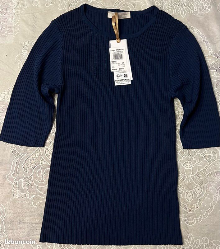 Top blouse bleu marine côtelé avec jeu de transparences taille S/M Rinascimento (image 1)