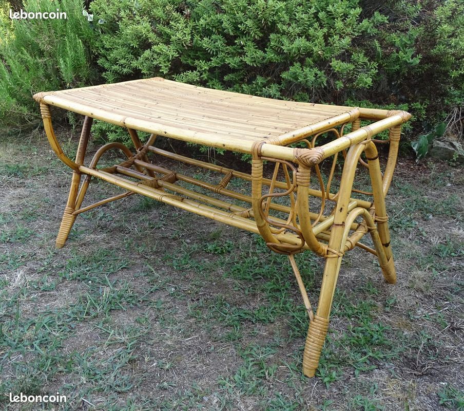 Table Basse Bambou Rotin Osier Design Bar Porte Revues Rétro Vintage Tiki 60 70's (image 1)