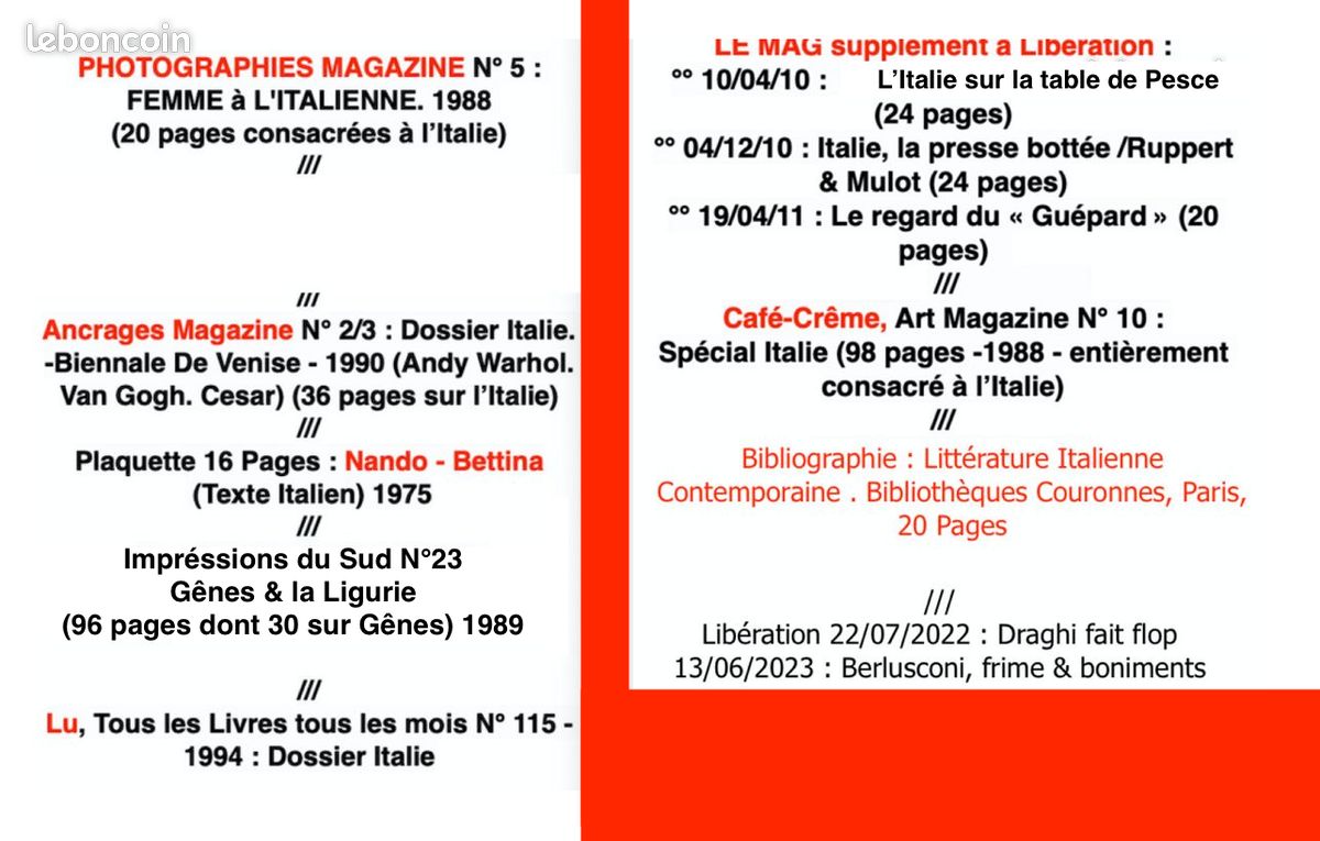 ITALIE (Culture-Littérature-Photos-Arts-Vie Politique) = 5 Revues / 2 Brochures / 3 suppléments à Libération /2 N° de Libération (Photographies Magazine-LU-Ancrages-Impréssions du Sud-Café Crème) (image 2)