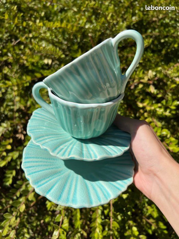 🩵 Service 2 tasses + 2 sous-tasses turquoise en céramique El Corte Inglés (image 1)