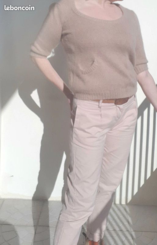 Pull en maille Angora & cachemire & laine couleur beige & rose - Taille M (image 8)