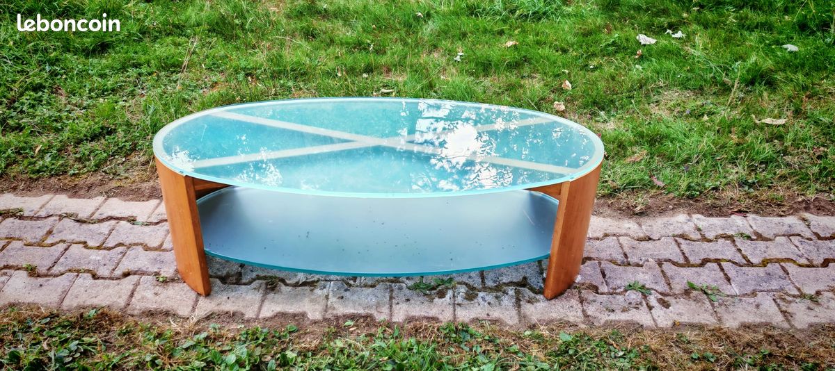 Table basse ovale bois massif & verre (image 2)