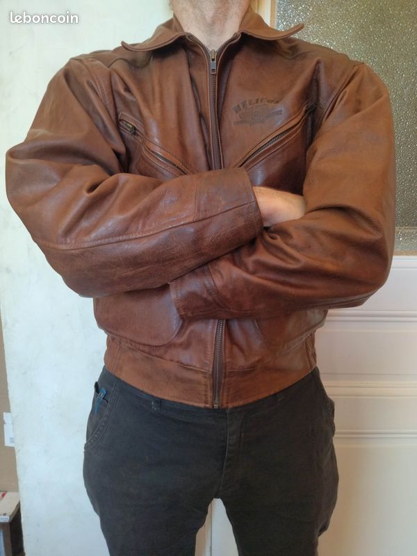 Blouson moto cuir marron vintage Vêtements