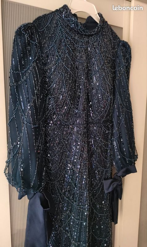Robe soirée perles bleu marine 42 (image 3)