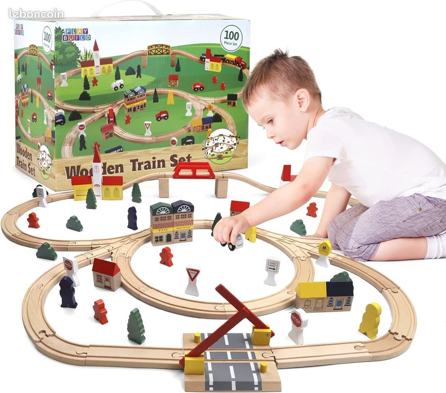 Play Build Ensemble De Train en Bois Enfant, Ensemble De Train Complet pour Tout-Petits, Ensemble De Jeu Et d'apprentissage Interactif De 100 Pièces, Conception Créative De Voie De Train Bois (image 1)