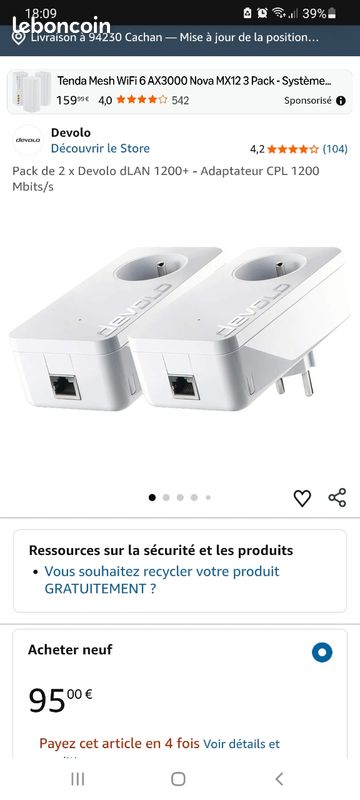 Cpl Devolo 1200 Reconditionné, Deux Adaptateurs Et Deux Fiches Jr45