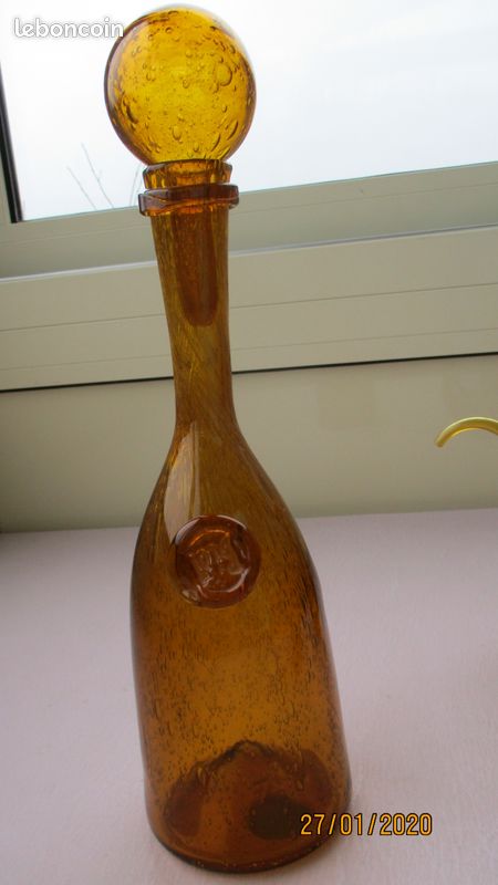Bouteille +verre +carafe en verre ambré, soufflé, bullé... (image 2)