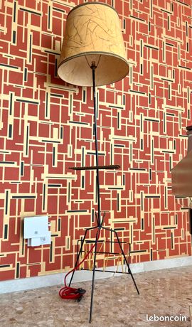 Lampadaire Rotin Et Scoubidou 50's Porte Revues, Tablette, Porte Plantes H 170