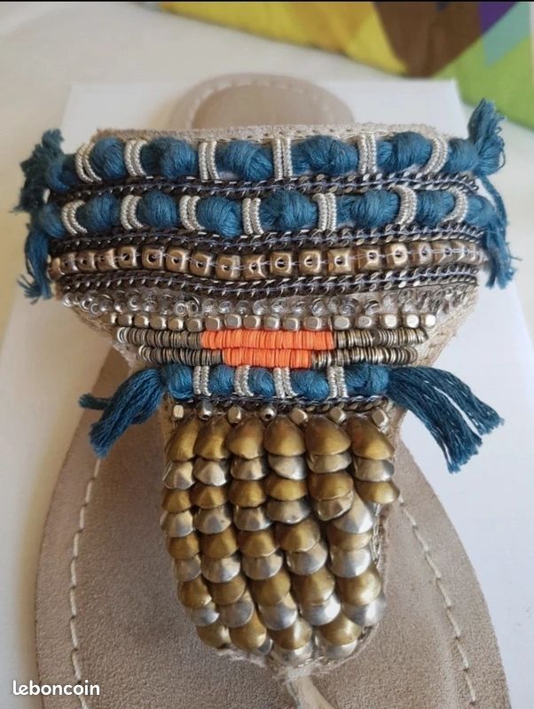 đ Sublimes tongs sandales plates Cuir Bleu Bronze - Alma En Pena (Boho) (image 4)