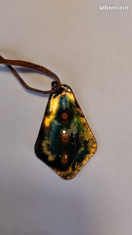 Pendentif En émaux Signé (artiste) - Très Bon état - Cuivre Et Pâte De Verre Orange