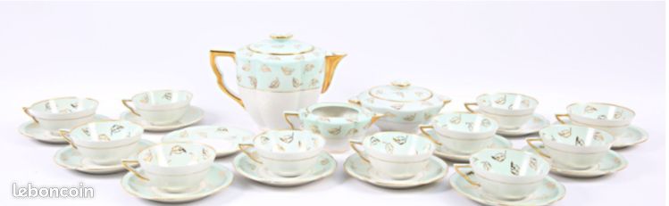 Ancien SERVICE à THE ou CAFE Art Déco Porcelaine Limoges Charles Ahrenfeldt Vert d’eau et Or (image 9)