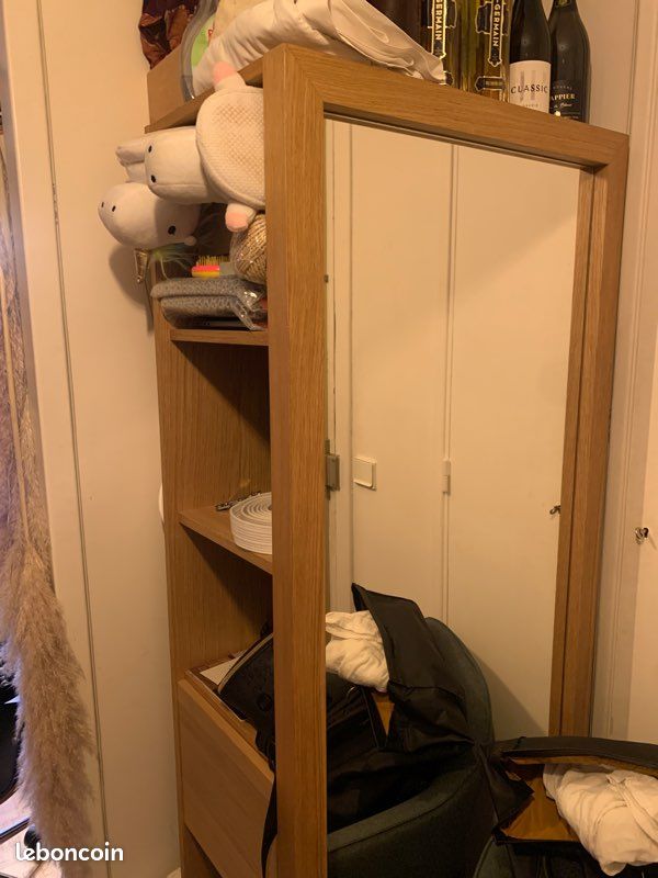 Etagère miroir sur pied en chêne avec rangements + 2 tiroirs en bois (image 3)