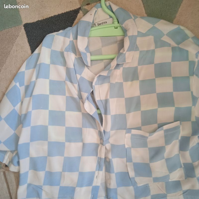 Chemisier manches courtes à carreaux blanc et ciel Taille S