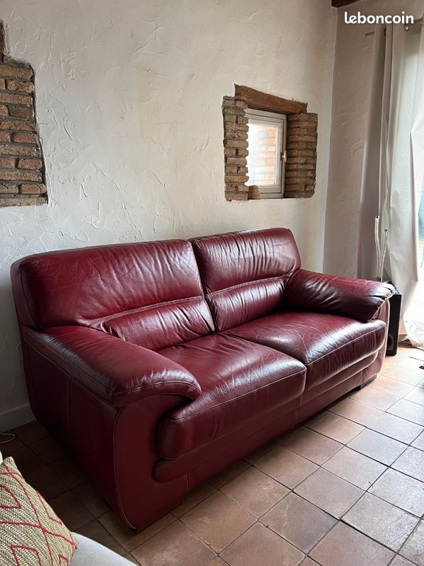 Canapé 2 Places Cuir Bordeaux InterDesign 200x95x65cm Occasion