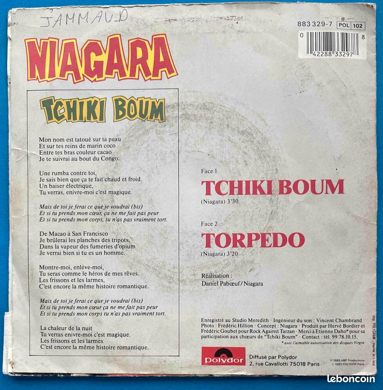 ♥🎼 45t 🇫🇷 Niagara (Tchiki Boum) ✷ 1985 eo (image 2)