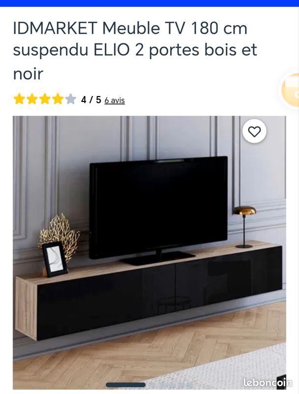 Meuble TV Suspendu ELIO 180 Cm - Bois Et Noir - 2 Portes - Plateau Long Pour TV Jusqu'à 70 Pouces
