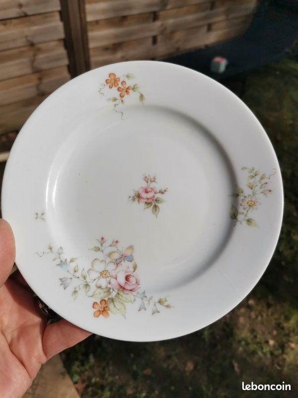 Lot De 5 Assiettes Plates Anciennes En Céramique - Décor Fleur - French Antique