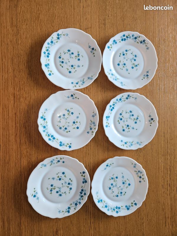 Vintage 6 Assiettes à Dessert Arcopal 70 's décor Myosotis Véronica