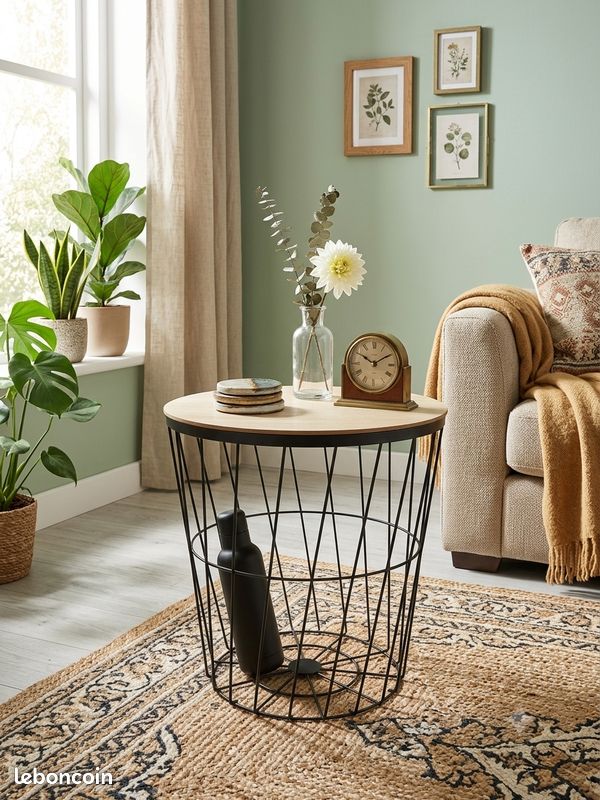 Table basse d'appoint panier filaire noire et bois – Style Industriel / Scandinave (image 1)