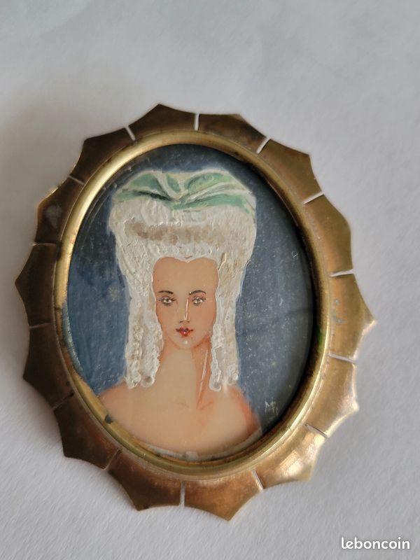 Broche Ancienne Avec Motif Enfants Peinture - Bijou Vintage Français, Occasion