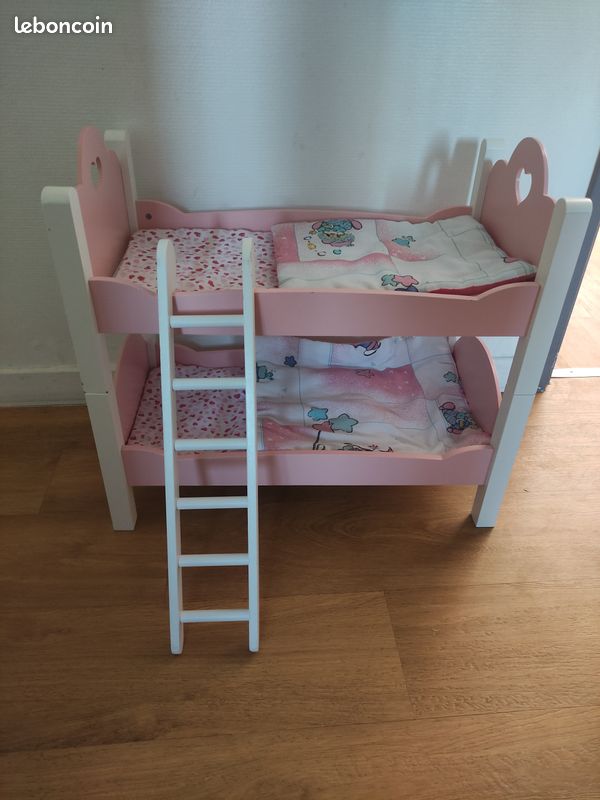 Lit superposé de poupée en bois blanc avec literie rose SCARLETT