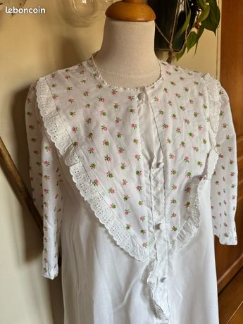 Robe Nuisette Vintage Nylon Rose - Motifs Fleurs Et Dentelle Blanche, Taille 44, Jamais Portée