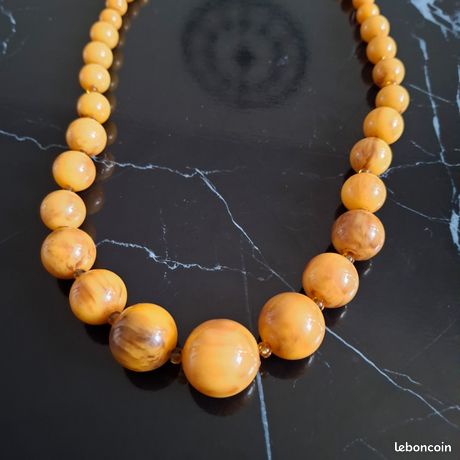 Collier Vintage En Bakélite Jaune - Longueur 42 Cm, Poids 46g - Style Rétro Sans Pendentif - Occasion