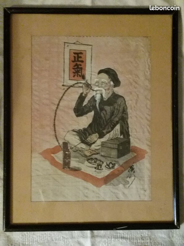 Peinture sur soie Indochine XX° " le Juste fumant" (image 1)