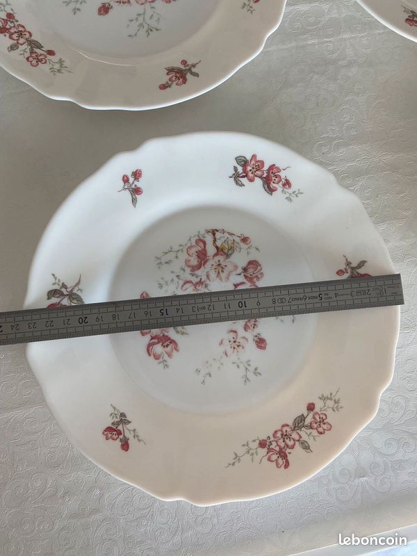 Lot de 6 assiettes vintage Arcopal France - Décor floral rose - Arts de la table