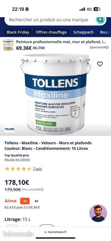 Tollens - Maxiline - Velours - Murs et plafonds Couleur: Blanc - Conditionnement: 15 Litres (image 1)