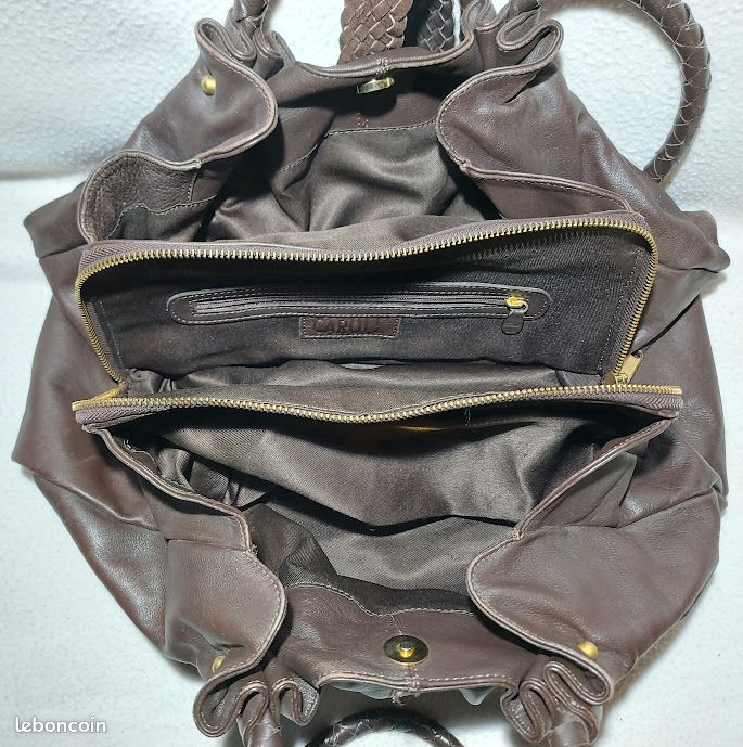 Caroll Sac à Main Cuir de Vachette Grainé Anses & Rabat Tréssé Marron Foncé Hauteur 26 cm Vintage (image 10)