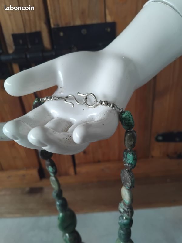 Collier De Pierres Turquoises Avec Fermoir En Argent - Bijou Occasion, Fait En France