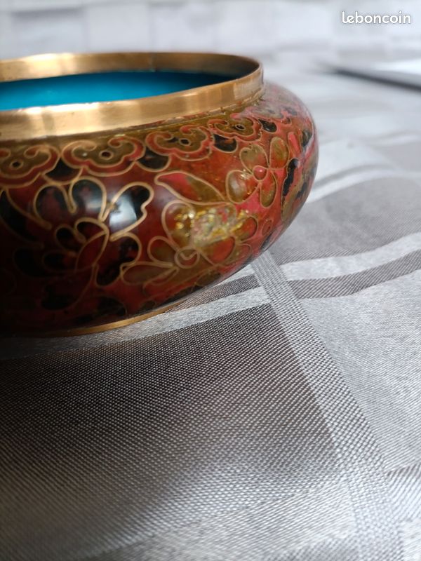 Pot à gingembre / Bonbonnière ancien email cloisonné et laiton Chine diamètre 12,5 cm (image 5)