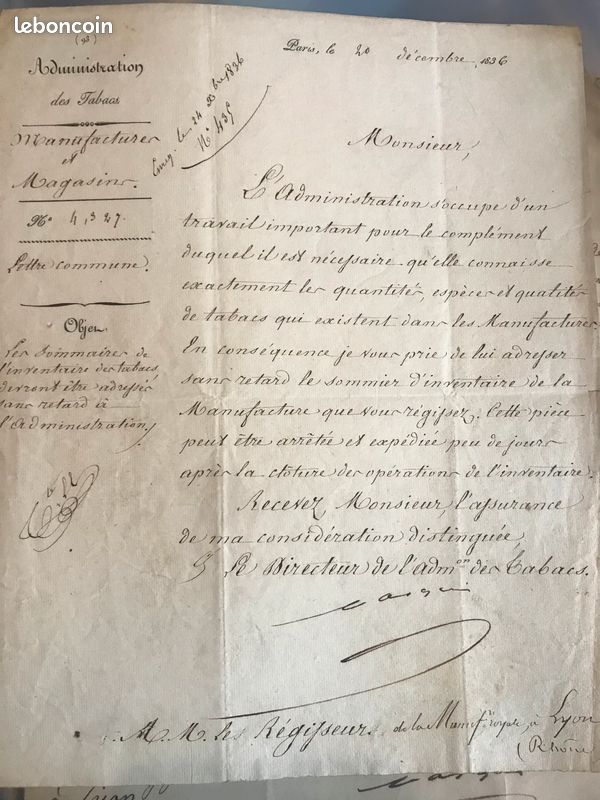 50 lettres administration des tabacs - manufacture tabac de Lyon 1813 à 1838 (image 7)