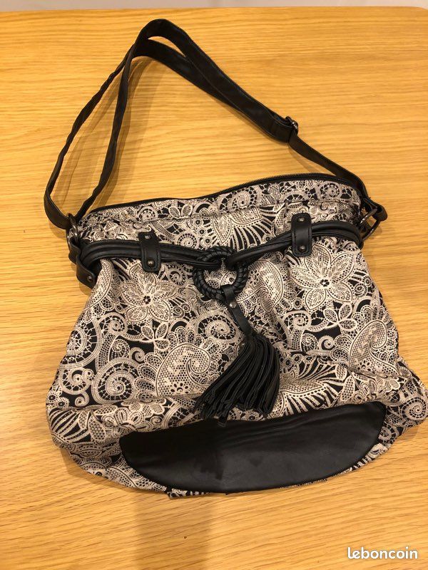 Sac en bandoulière tissu noir/beige neuf (image 1)