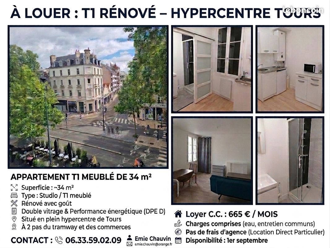 Appartement 1 pièce 34 m² · à Tours · 34 m² · 665 €