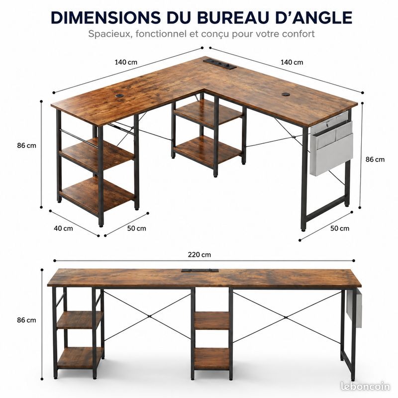 Bureau avec hub électrique intégré golottes câbles USB Type-C rangement (image 6)