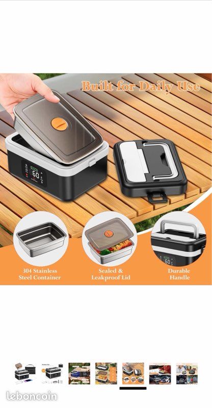 LUNCH BOX CHAUFFANTE 1L AVEC BATTERIE - Gamelle Programmable, Séparateurs Amovibles, Couverts, Sac Isotherme (autonomie 70 Min)