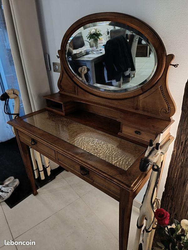 Coiffeuse Art Deco Ancienne Bruyère de Noyer avec Miroir XXe Siècle