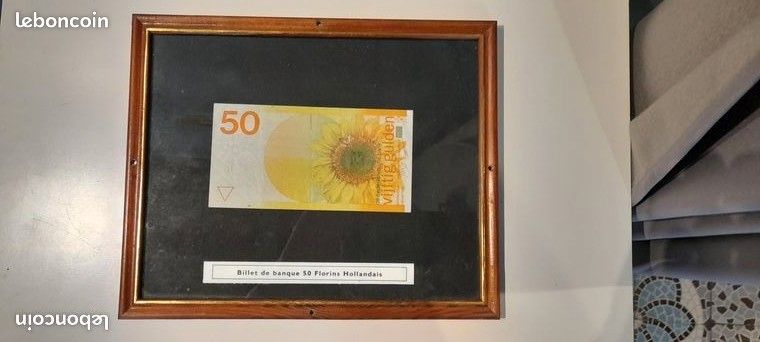 Billet de banque de 50 florins hollandais placé dans cadre bois verre (image 1)