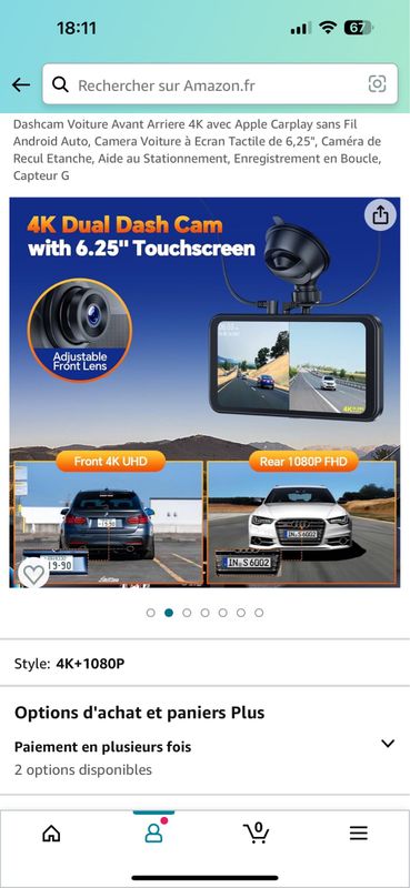 Dashcam neuf Voiture Avant Arriere 4K avec Apple Carplay sans Fil