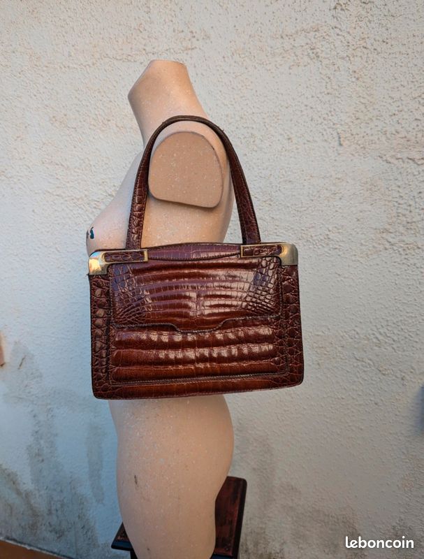 Sac à Main Vintage En Cuir Crocodile - Petit Format Marron - Occasion Très Bon état
