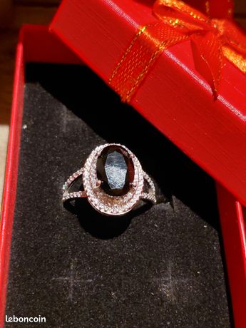 Bague En Argent Massif Avec Onyx Et Brillants - Taille 59 - Occasion De Belle Qualité