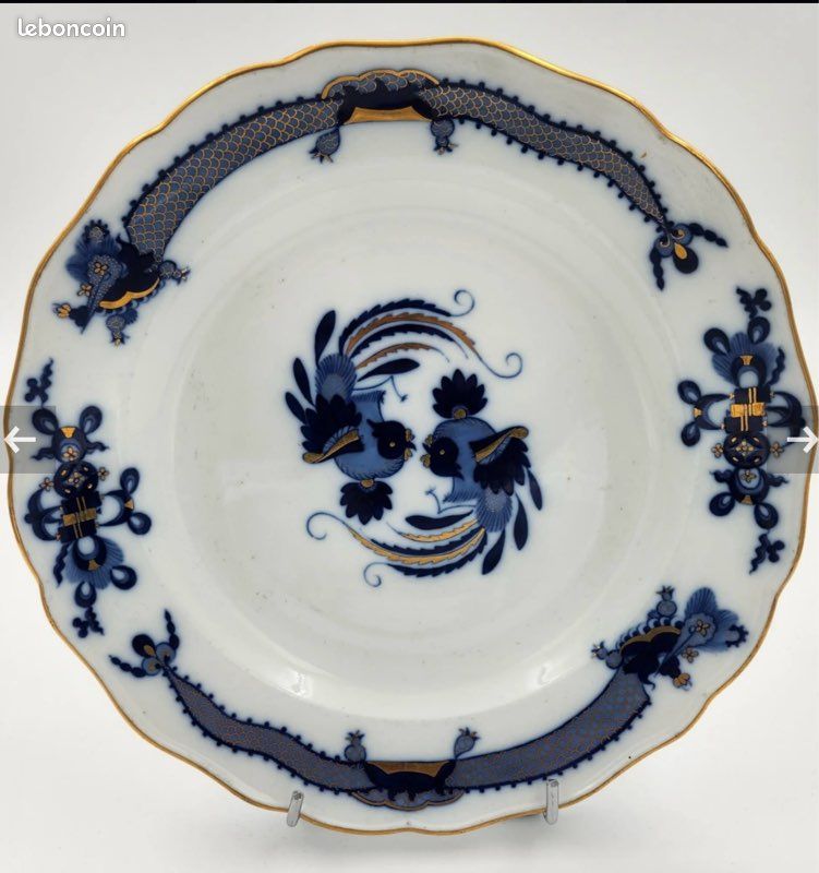 Ancienne Assiette Plateau Porcelaine à Poignée - Style Meissen - Bois - Vintage