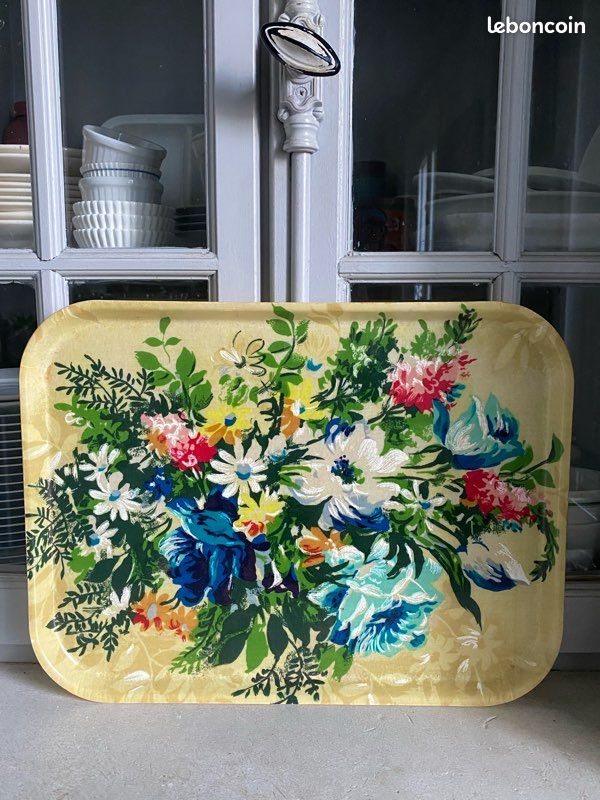 PLATEAU DE SERVICE vintage en fibres de verre 1960 fleurs EUR 39,00