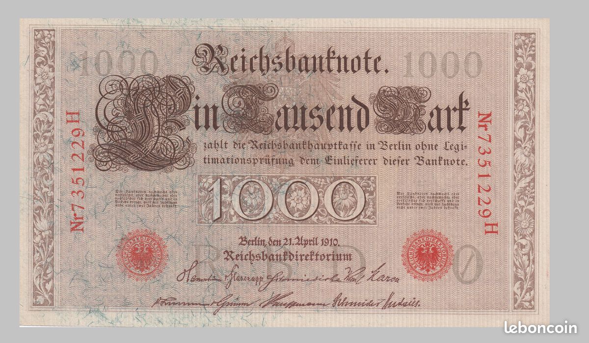 Billet 1000 marks 1910 état neuf (image 2)