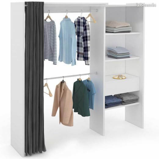 Dressing Extensible 120 à 170 cm – Double Penderie & 4 Étagères – Armoire Ouverte avec Rideau Gris – Coloris Blanc Moderne – Hauteur 180 cm (image 1)