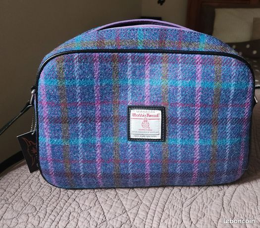 Petit Sac à Main Harris Tweed - Rose Et Vert - Tissu écossais Authentique - Occasion