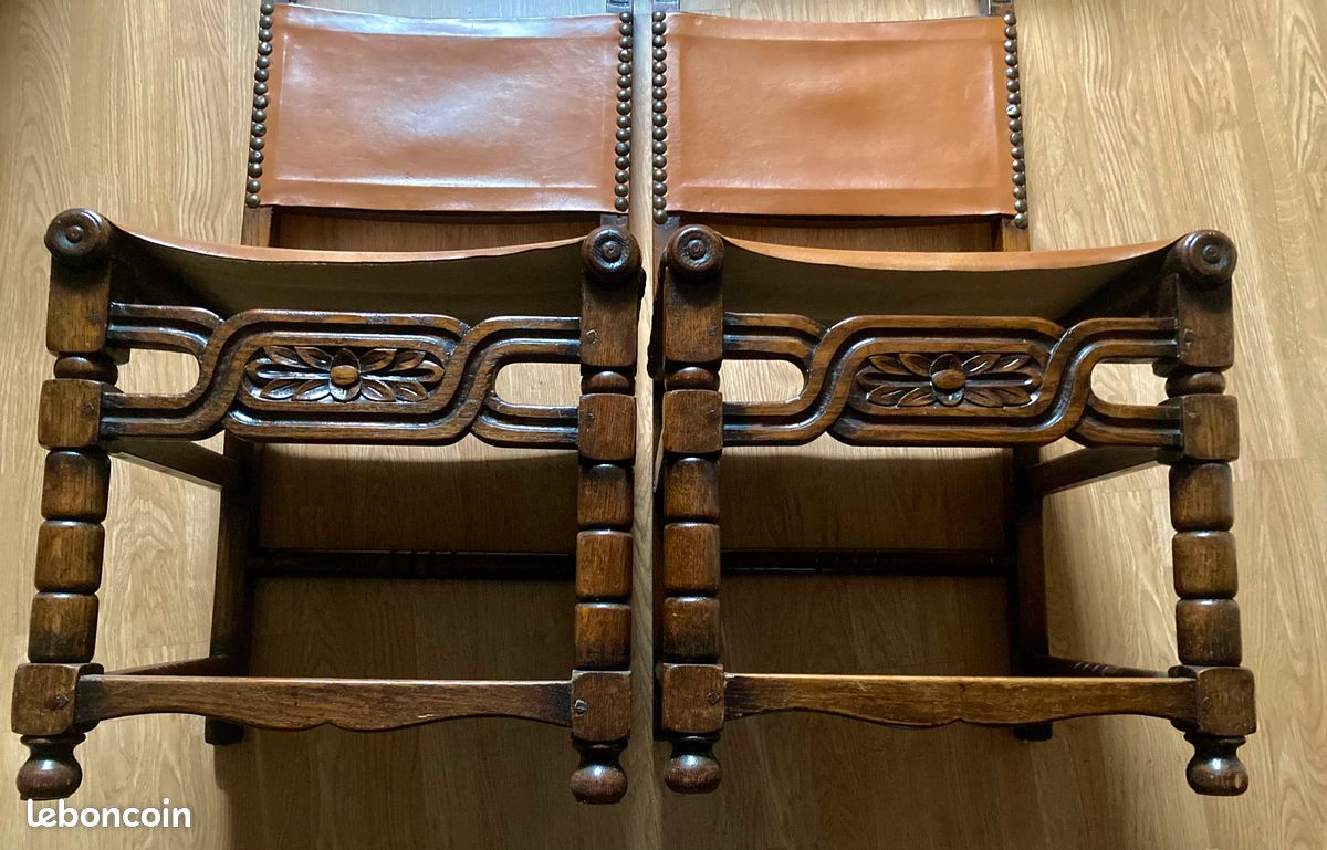 4 chaises anciennes en chêne et cuir époque Napoléon III style Henri II-IV (image 13)
